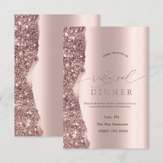 Elegant Rose Gold Glitter Script  招待状 (正面/裏面)
