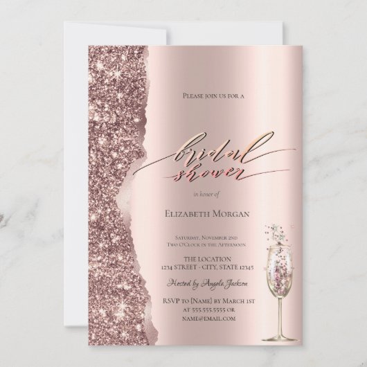 Elegant Rose Gold Glitter Script Champagne 招待状 (正面)