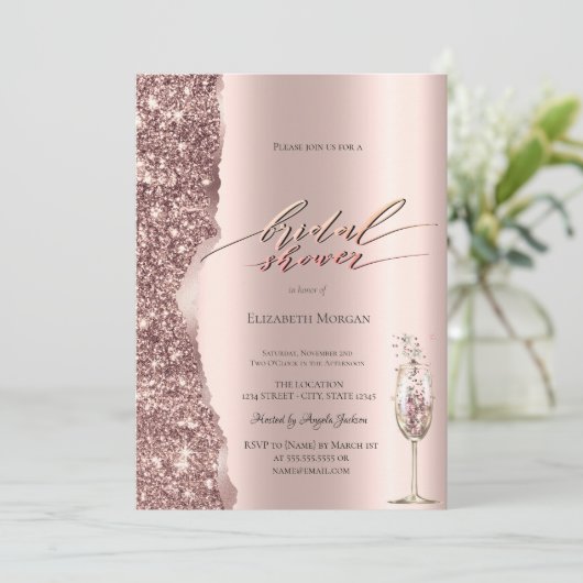 Elegant Rose Gold Glitter Script Champagne 招待状 (スタンド正面)