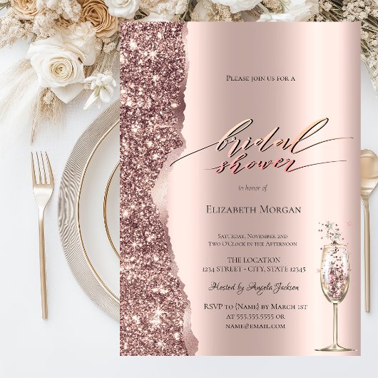 Elegant Rose Gold Glitter Script Champagne 招待状