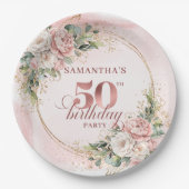 Elegant Rose Gold Greenery 50th Birthday Paper  ペーパープレート (正面)