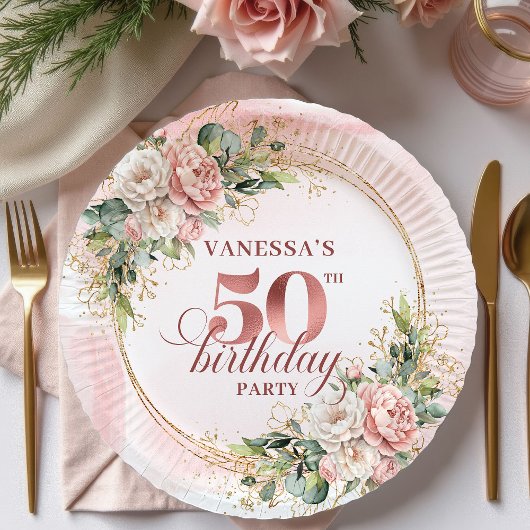 Elegant Rose Gold Greenery 50th Birthday Paper  ペーパープレート