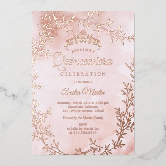 Elegant Rose Gold Leaf Wreath Quinceanera 箔招待状 (正面)