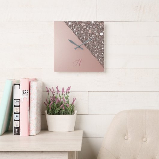 Elegant Rose Gold Monogram スクエア壁時計 (読書スペース)