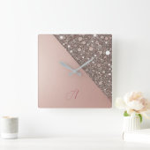 Elegant Rose Gold Monogram スクエア壁時計 (ホーム)