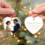 Elegant Rose Gold Newlyweds Wedding Photo オーナメント<br><div class="desc">Elegant heart shaped holiday keepsake ornament for a newlywed couple features a wedding portrait on the front with custom script monogram and "First Christmas as Mr. & Mrs." wording on the back. The white,  rose gold,  and gold colors on the back can be customized.</div>