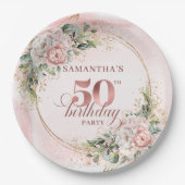 Elegant Rose Gold Peonies 50th Birthday Party Plat ペーパープレート (正面)