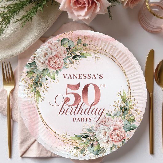 Elegant Rose Gold Peonies 50th Birthday Party Plat ペーパープレート