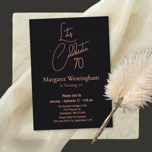 Elegant Rose Gold Script Typography 70th Birthday 招待状