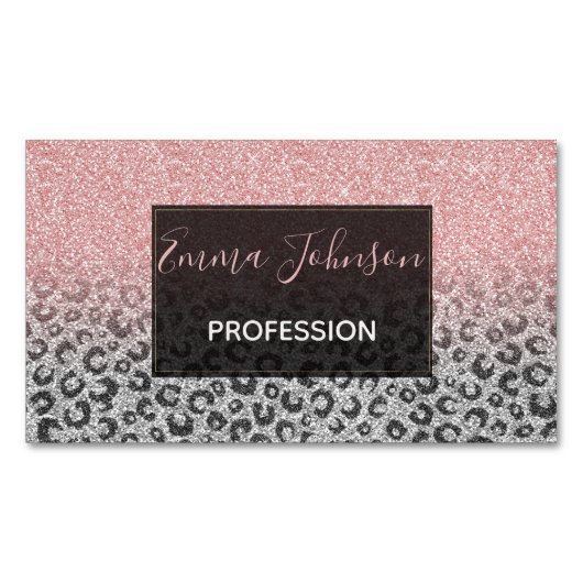  Elegant Rose Gold Silver Glitter Leopard Print マグネット名刺 (正面)