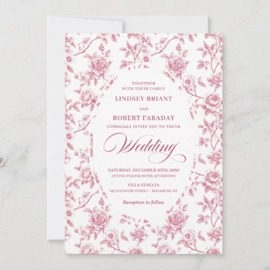Elegant Rose Gold Toile de Jouy Wedding Invitation 招待状 (正面)