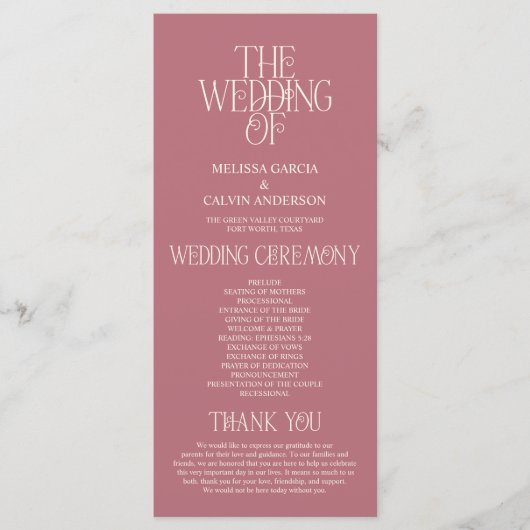 Elegant Rose Gold Typography Wedding Program プログラム (正面)