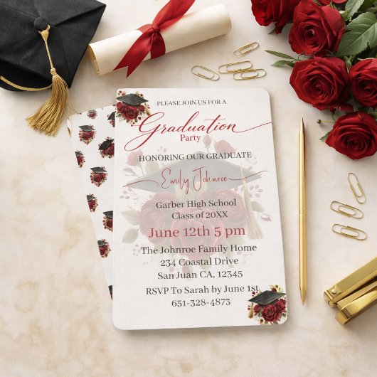 Elegant Rose Graduation Invitation Template 招待状