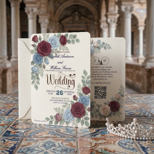 Elegant Rose Modern QR Code Wedding 招待状