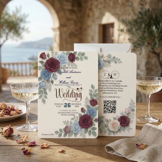 Elegant Rose Modern QR Code Wedding 招待状