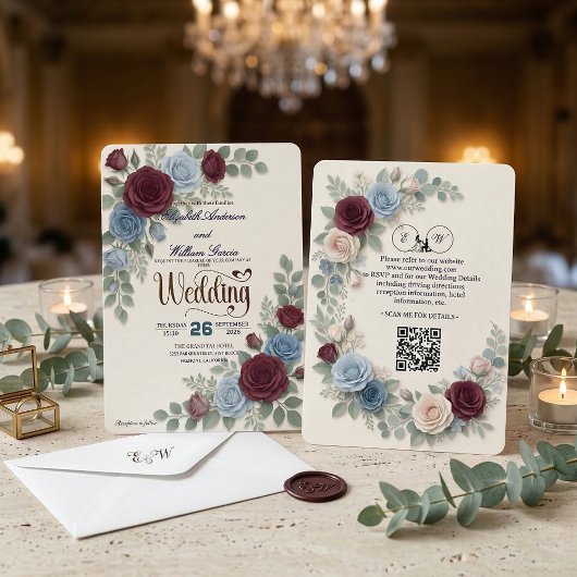 Elegant Rose Modern QR Code Wedding 招待状