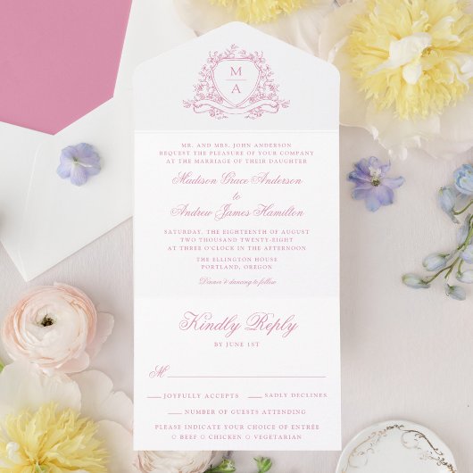 Elegant Rose Pink Floral Crest Monogram Wedding  オールインワン招待状
