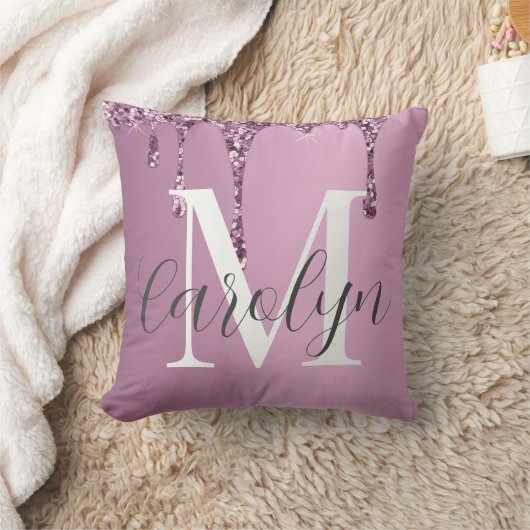 Elegant Rose Pink Glitter Drip Throw Pillow クッション (ブランケット)