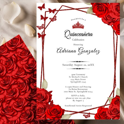 Elegant Roses and Crown Red Quinceanera  招待状