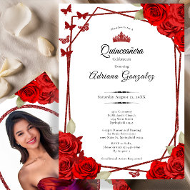 Elegant Roses and Crown Red Quinceanera  招待状
