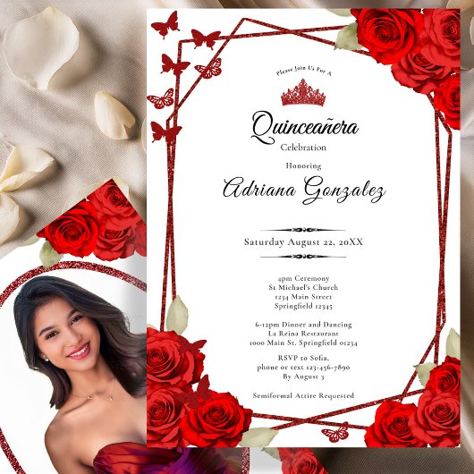 Elegant Roses and Crown Red Quinceanera  招待状