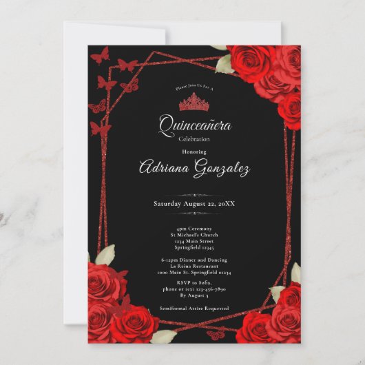 Elegant Roses and Crown Red Quinceanera  招待状 (正面)