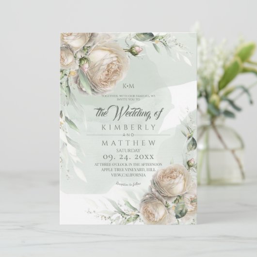 Elegant Roses and Watercolor Sage Rustic Wedding 招待状 (スタンド正面)