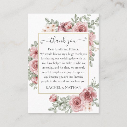 Elegant Roses Floral Wedding Thank You プレイスカード (正面)