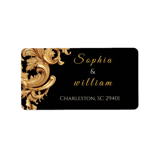 Elegant Royal Black and Gold Vintage Flourish  ラベル (正面)