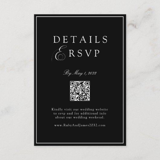 Elegant Royal Black QR Code Wedding RSVP  エンクロージャーカード (正面)