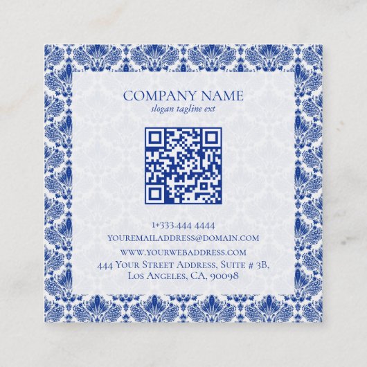 Elegant Royal Blue And White Damasks Pattern スクエア名刺 (裏面)
