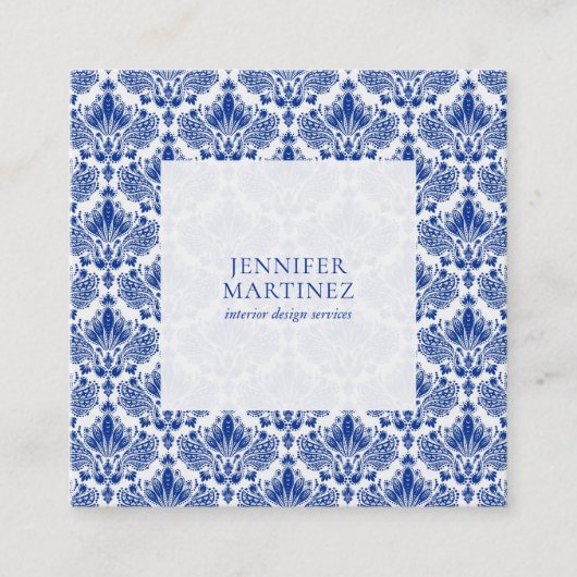 Elegant Royal Blue And White Damasks Pattern スクエア名刺 (正面)