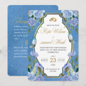 Elegant Royal Blue Floral and Gold  招待状 (正面/裏面)