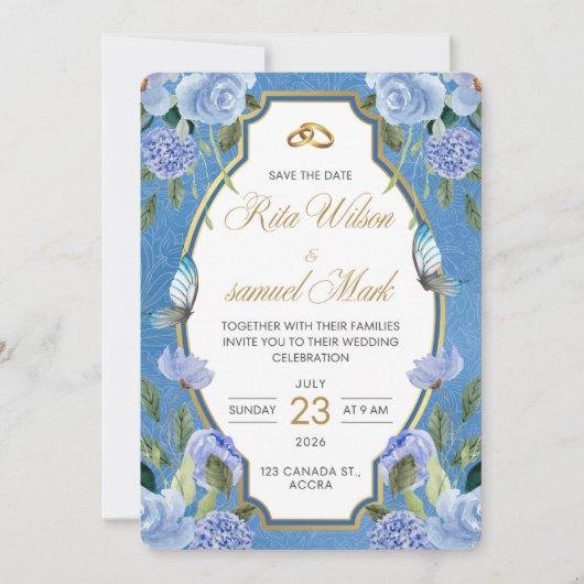 Elegant Royal Blue Floral and Gold  招待状 (正面)