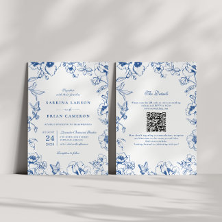 Elegant Royal Blue Floral Garden QR Code Wedding 招待状