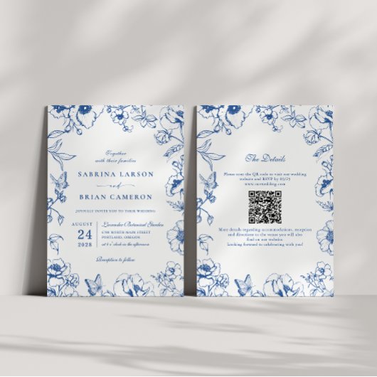 Elegant Royal Blue Floral Garden QR Code Wedding 招待状