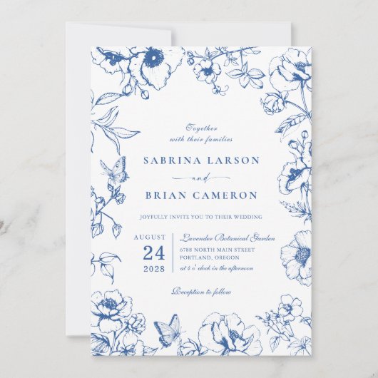 Elegant Royal Blue Floral Garden QR Code Wedding 招待状 (正面)