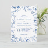 Elegant Royal Blue Floral Garden QR Code Wedding 招待状 (スタンド正面)
