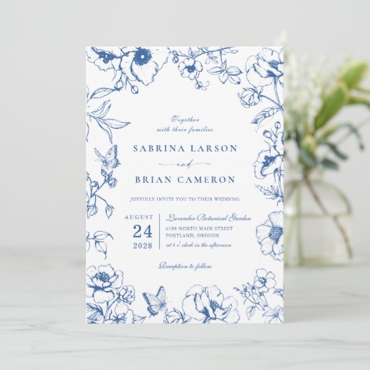 Elegant Royal Blue Floral Garden QR Code Wedding 招待状 (スタンド正面)