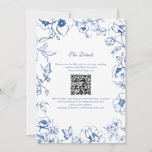 Elegant Royal Blue Floral Garden QR Code Wedding 招待状 (裏面)