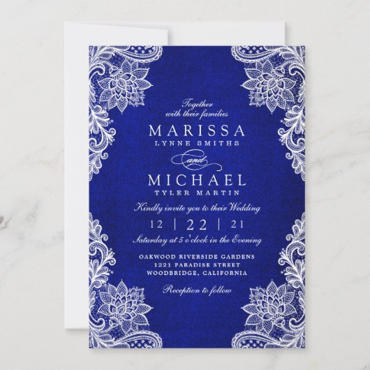Elegant Royal Blue Floral Lace Wedding Invitation シーズンカード (正面)