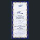 Elegant Royal Blue Floral Monogram Wedding メニュー<br><div class="desc">Frame your wedding menu with elegant metallic royal blue and gold jeweled filigree. White satin in the background adds to the luxury. Easily customize the coordinating blue text in classic fonts.</div>