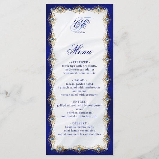 Elegant Royal Blue Floral Monogram Wedding メニュー (正面)