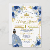 Elegant Royal Blue & Gold Rose Quinceañera  招待状 (正面)