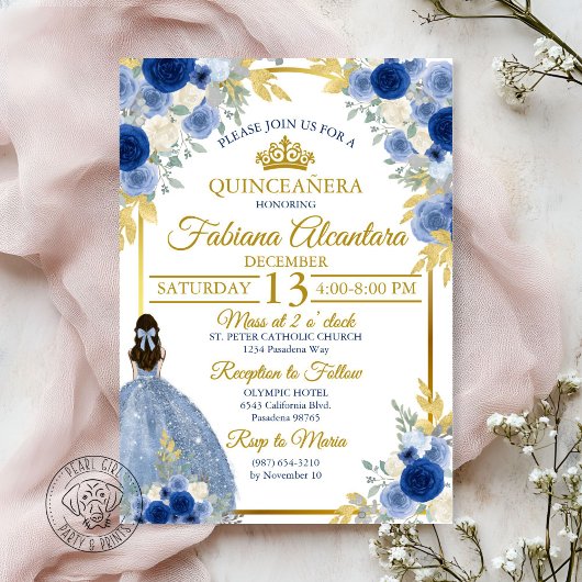 Elegant Royal Blue & Gold Rose Quinceañera  招待状