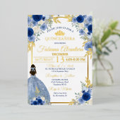 Elegant Royal Blue & Gold Rose Quinceañera 箔招待状 (立ち正面)