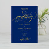 Elegant Royal Blue Gold Script Calligraphy Wedding 箔招待状 (立ち正面)