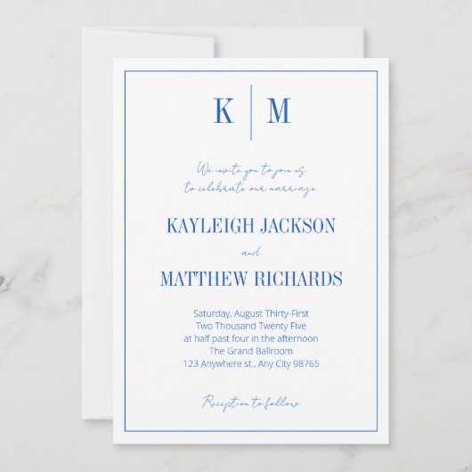 Elegant Royal Blue Monogram Wedding  招待状 (正面)