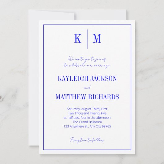 Elegant Royal Blue Monogram Wedding 招待状 (正面)