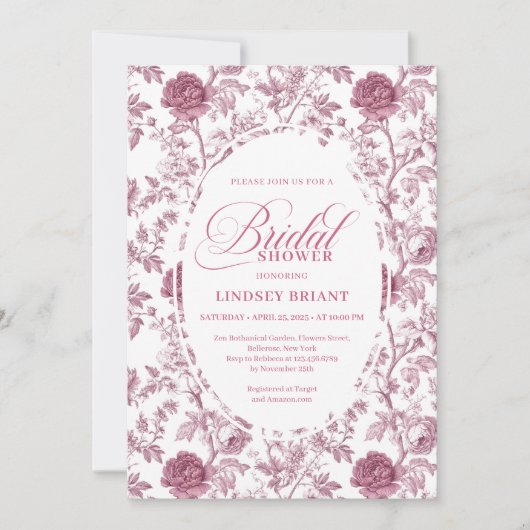 Elegant Royal Blush Rose Pattern Bridal Shower  招待状 (正面)